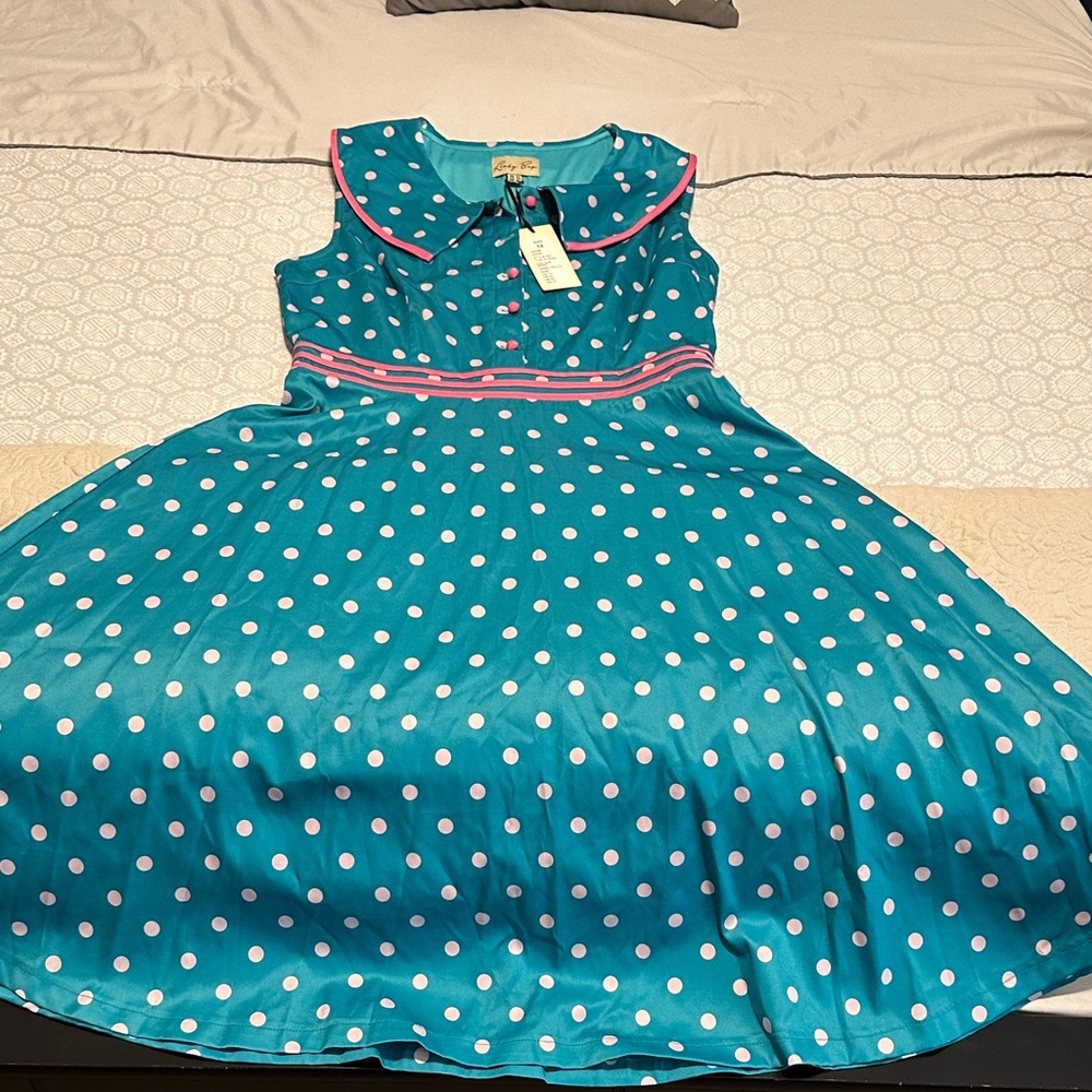 Lindy Bop Teal Polka Dot Midi Dress with Pink Trim